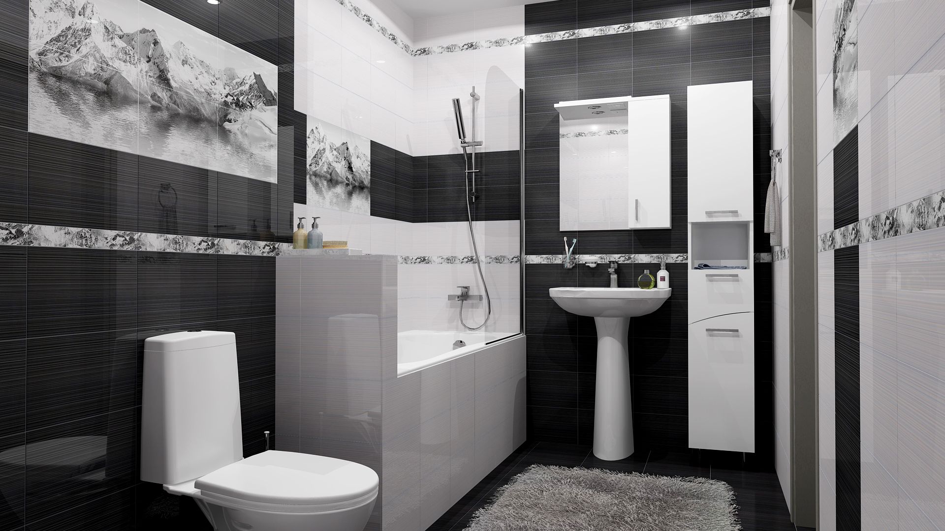 Черно белый цвет в ванной. Плитка Элегия Керамин.